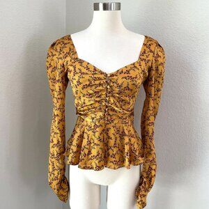 Jonathan Simkhai Womens XS Floral Silk Blend Ruched Peplum Blouse Shirt Top